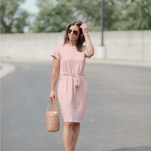 Brown stripe dress, tie at waist
